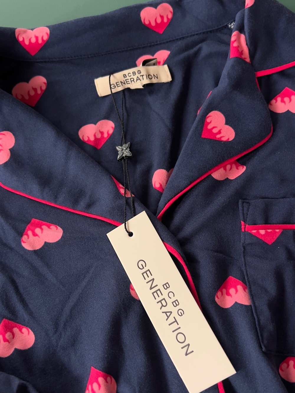 NWT. BCBG Navy Short Pajama Set with Pink Heart Print